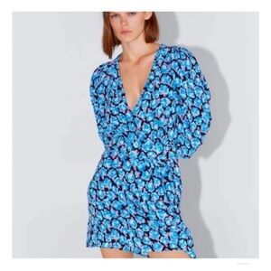 Zara Blue Floral V-Neck Dress